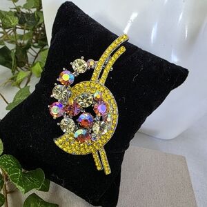 Vintage Canary Yellow Pave Rhinestone Aurora Borealis Swirl Brooch